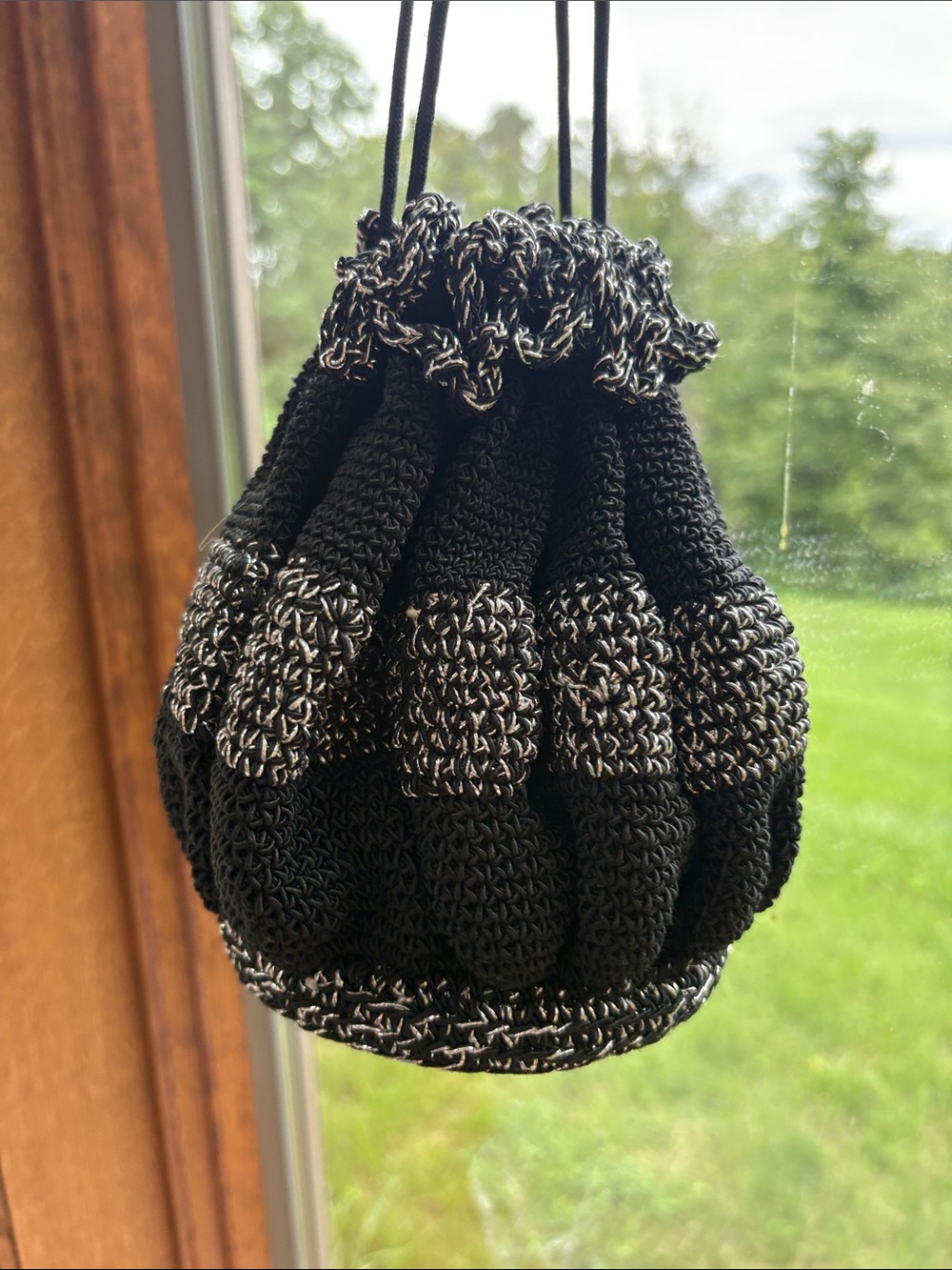 Vintage Black Crochet Evening Bag Beaded Drawstring Pouch Silver Purse